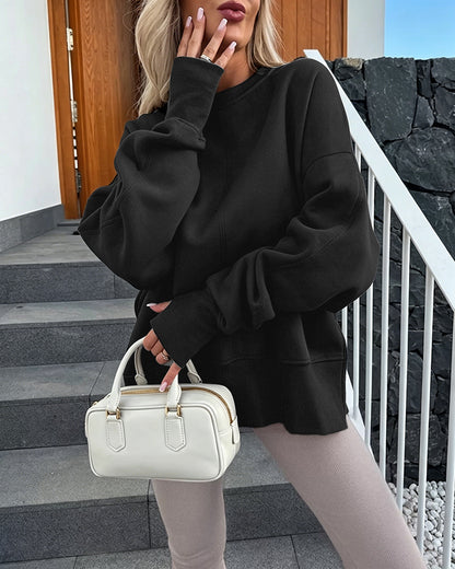 Women's Casual Crewneck Sweatshirt Loose Long Sleeve Side Slit Pullover Top with Thumb Holes