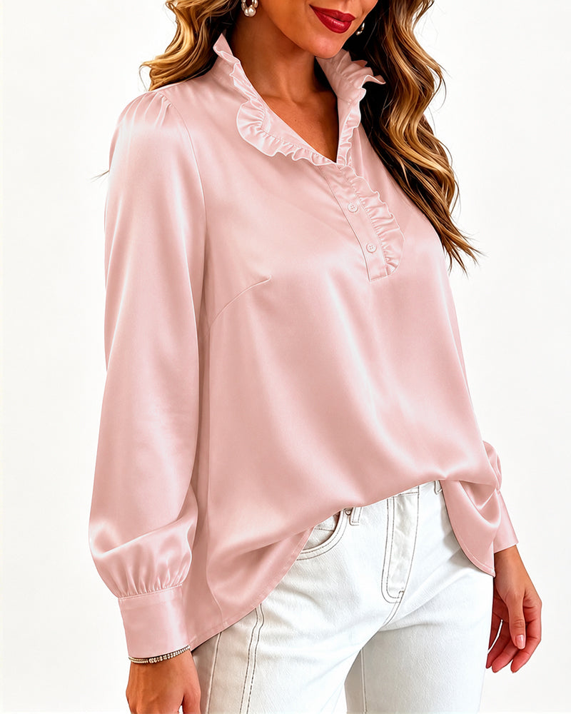 Women's Satin Frill Hem Blouse Long Sleeve Half Button Shirt Elegant Stand Collar Office Work Top