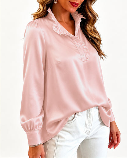 Women's Satin Frill Hem Blouse Long Sleeve Half Button Shirt Elegant Stand Collar Office Work Top