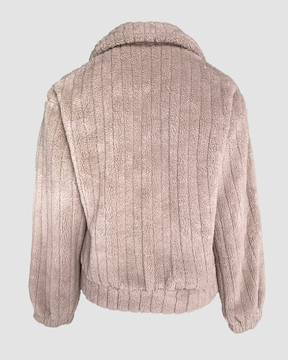 Textured Striped Turn-down Collar Button Front Elastic Cuff and Hem Teddy Fleece Jacket With Decorative Flap Pockets
