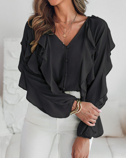 V Neck Shoulder Ruffles Design Blouse Casual Button Front Long Sleeve Top