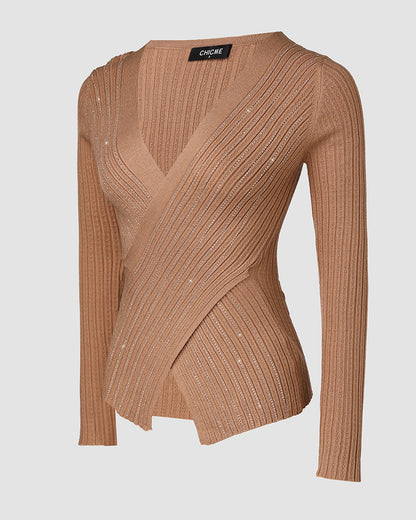 Rhinestone Decor Overlap V-Neck Long Sleeve Knit Sweater Asymmetrical Hem Slim Fit Textured Pullover Top