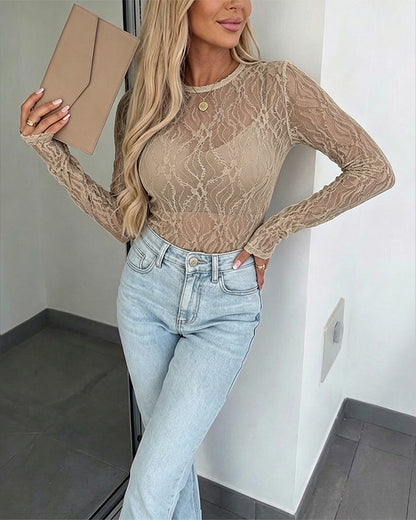 CHICMELIVE Lace Top Sheer Mesh Fitted Shirts for Women with Thumb Holes