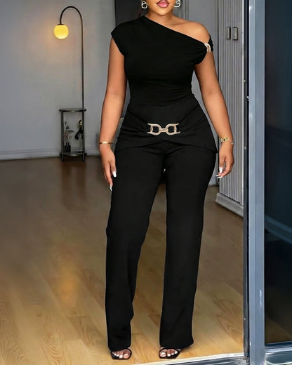 ChicMeLive Women's 2 Piece Set Skew Neck Slim Fit Top and Elastic Waist Flare Pants with Metal Detail