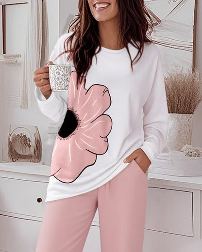 2 Pieces Outfit Floral Placement Print Long Sleeve Drop Shoulder Top and Elastic Waist Pants Set Causal Pajamas Set