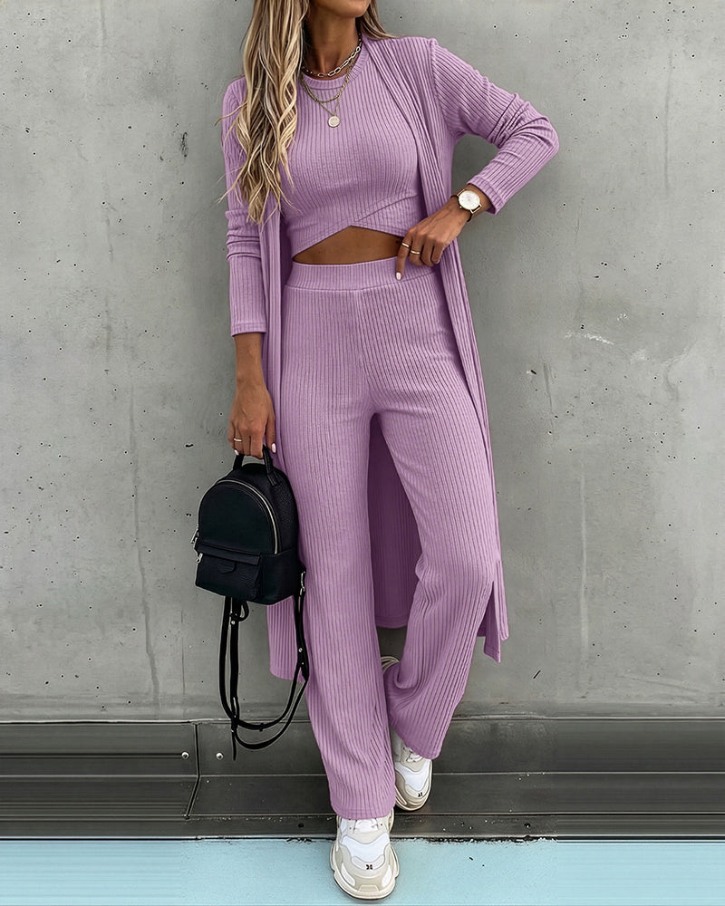 CHICMELIVE Women's 3 Piece Lounge Set Ribbed Cardigan Tank Wide Leg Pant