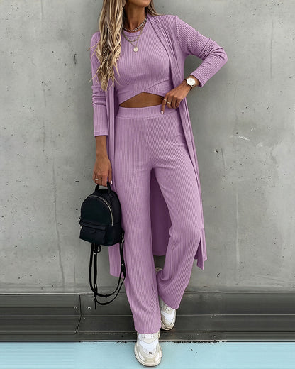 CHICMELIVE Women's 3 Piece Lounge Set Ribbed Cardigan Tank Wide Leg Pant