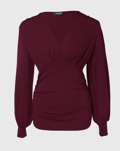 Deep V-Neck Lantern Sleeve Ruched Blouse Casual Slim Fit Top