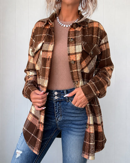 Women's Plaid Long Sleeve Button Down Brushed Shacket Casual Turn-down Collar Coat