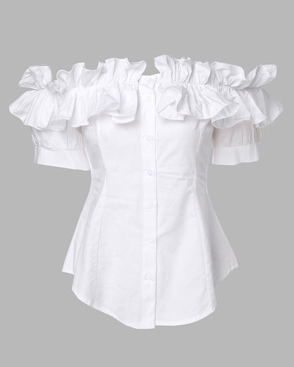 Ruffles Off Shoulder Short Sleeve Button Front Blouse Asymmetrical Hem Top