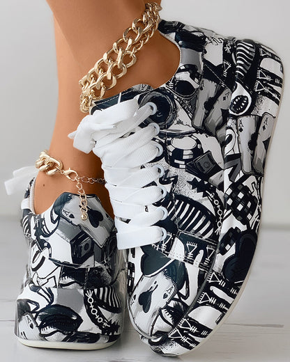 Lace-up Front Painting Print Platform Sneakers