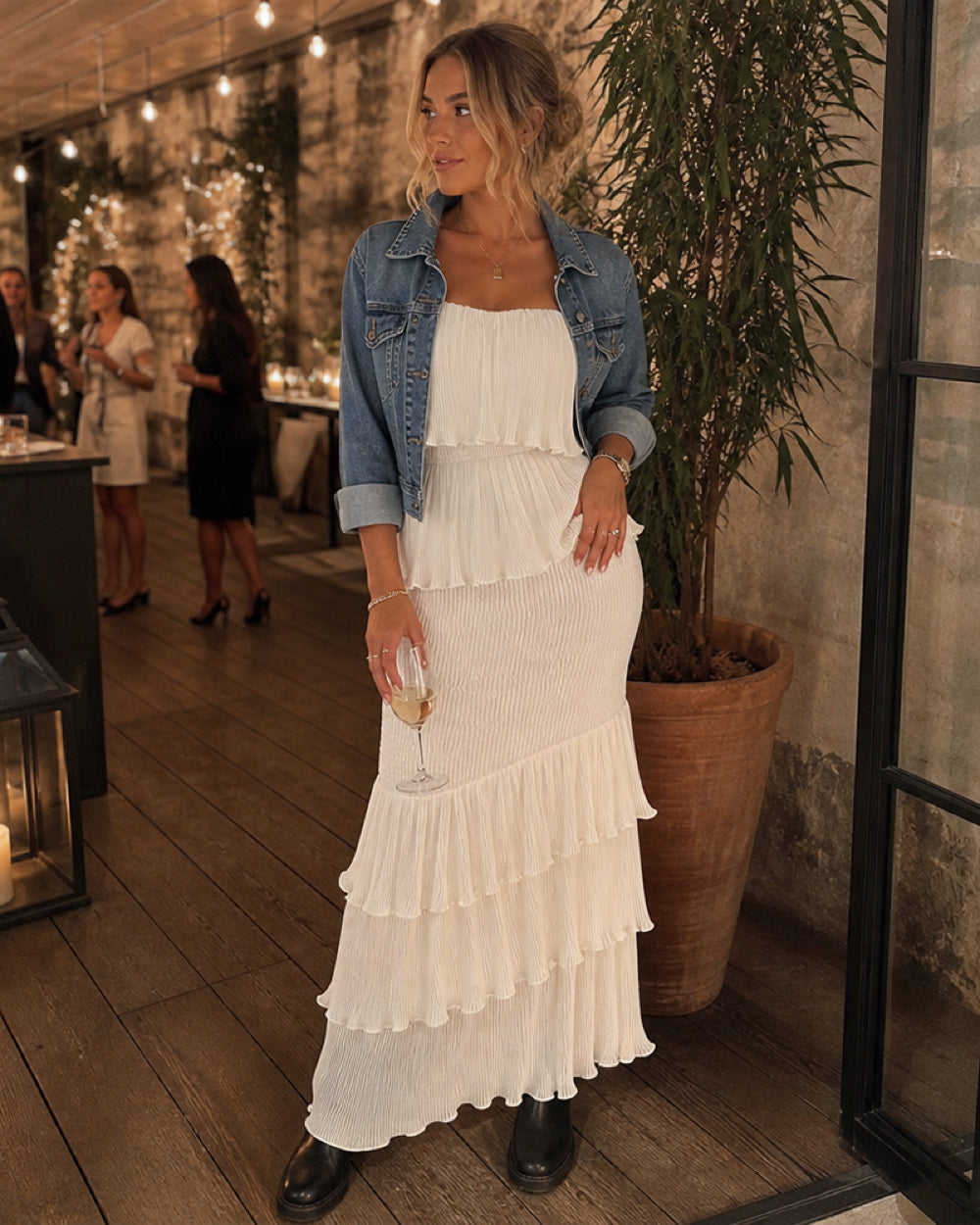 Layered Ruffle Shirred Slim Fit Strapless Dress Textured Maxi Party Dress