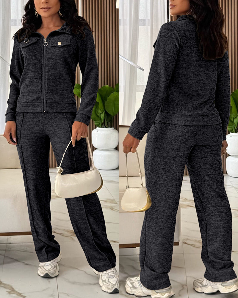 CHICMELIVE Women's 2 Piece Tracksuit Lapel Zip Jacket High Waist Pants Set