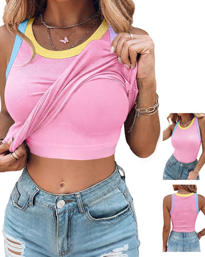 CHICMELIVE Womens Sleeveless Ribbed Built in Bra Tank Top-Lighted Blue-X-Large
