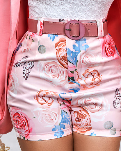 2 Pieces Outfits Notched Collar Long Sleeve Blazer Coat and Floral Print Zipper Fly Shorts Set With Belt