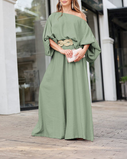 Skew Neck Lantern Sleeve Loose Top & Zipper Fly Wide Leg Pants Set without Belt