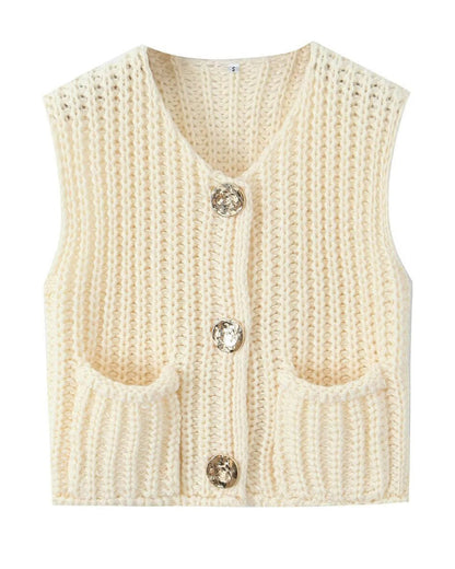 V-Neck Sleeveless Button Front Knit Vest Casual Loose Fit Sweater Top with Pockets