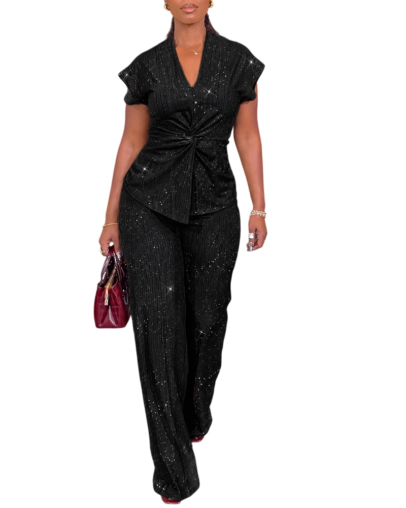 CHICMELIVE Women's 2 Piece Outfits Glitter Twist Top Wide Leg Pants Set
