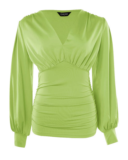 Deep V-Neck Lantern Sleeve Ruched Blouse Casual Slim Fit Top