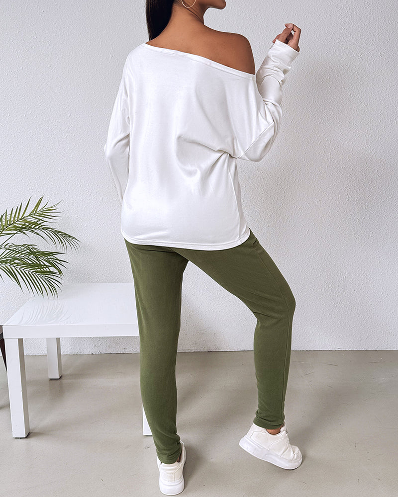 2 Pieces Outfit NOPE. not today Slogan Print Skew Neck Long Sleeve Pullover Top and Casual Drawstring Stretchy Waist Slim Fit Pants Set