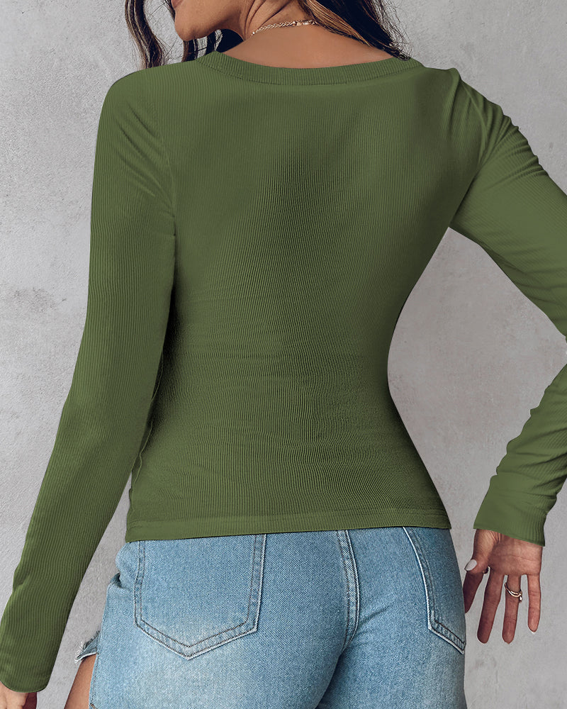ChicMe Built-in Bra U-Neck Long Sleeve Ribbed Top