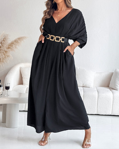 Deep V-Neck Ruched Three Quarters Sleeve Backless Overalls Casual Waist-Gathered Tied Detail Jumpsuit without Belt