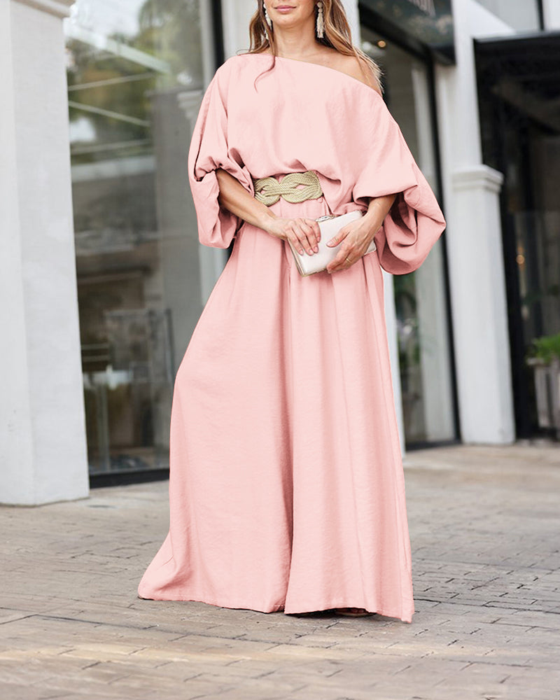 Skew Neck Lantern Sleeve Loose Top & Zipper Fly Wide Leg Pants Set without Belt