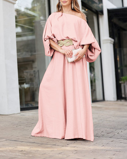 Skew Neck Lantern Sleeve Loose Top & Zipper Fly Wide Leg Pants Set without Belt