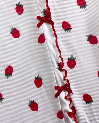 2 Pieces Outfit Strawberry Print Stand Collar Short Sleeve T-shirt and Pants Pajamas Set