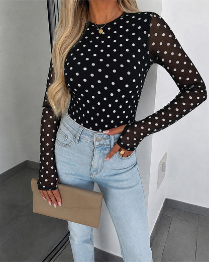 Women's Mesh Polka Dot Top Lined Sheer Long Sleeve Tee Crewneck Slim Fit Layering Under Base Top with Thumbholes