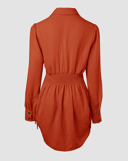 Button Down Shirt Dress Roll Tab Sleeve Side Drawstring Mini Dresses