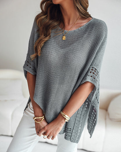 Solid Batwing Sleeve Hollow-out Crochet Pattern Top Casual Cover Up