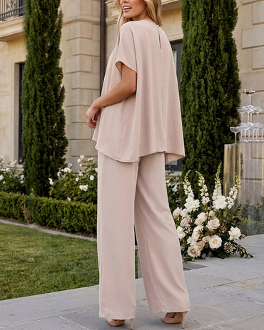 2 Pieces Outfit Elegant Pearl Embellished Split Sleeve Top and Casual Wide Leg Pants Set