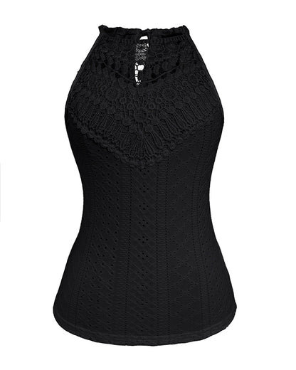 Halter Lace Up Water Soluble Lace Trim Sleeveless Tank Jacquard Casual Slim Fit Knit Top
