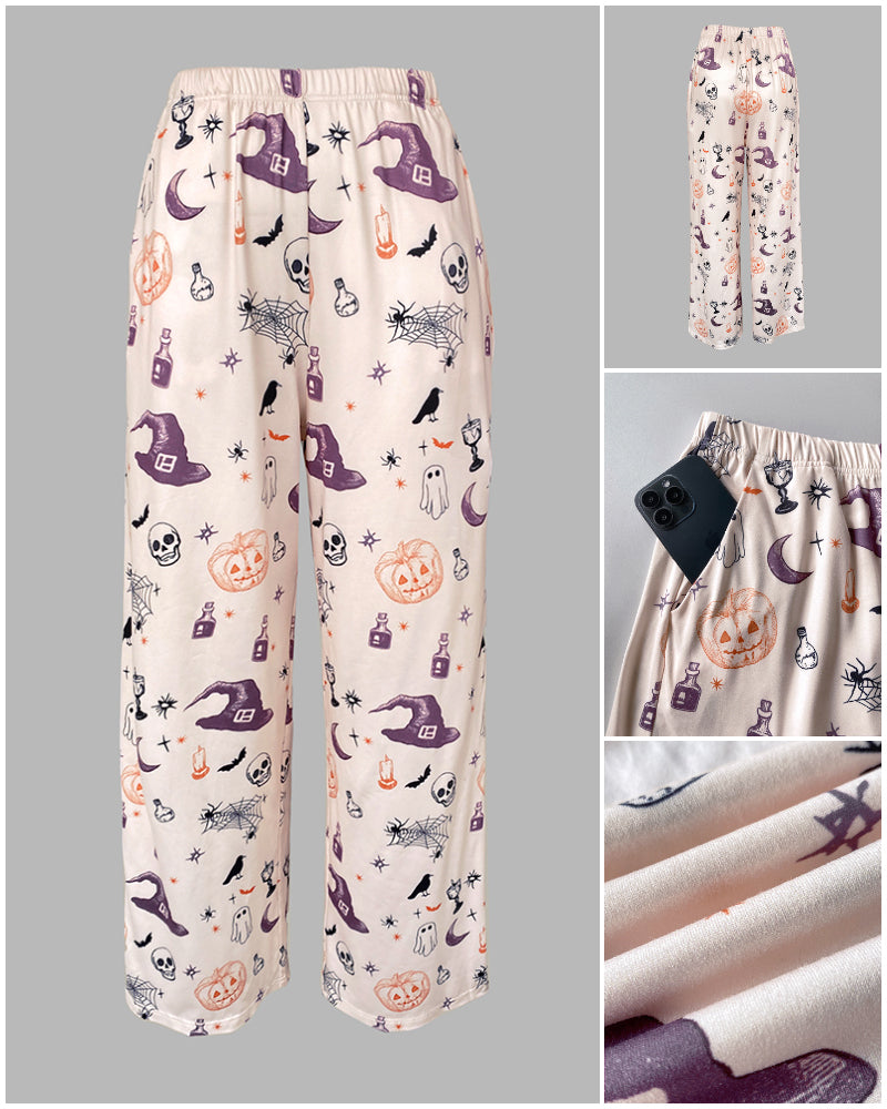 CHICMELIVE 2 Pieces Outfit HAPPY HALLOWEEN Slogan & Graphic Print Long Sleeve Top and Graphic Print Elastic Waist Pants Set Casual Pajamas Set