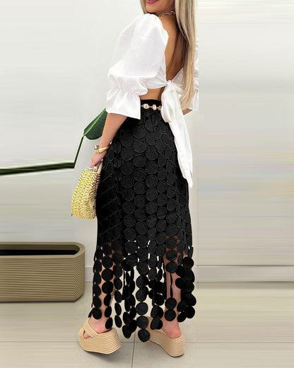 Women‘s Lace Tassel Trim Bodycon Skirt Hollow-Out Detail High Waist Pencil Skirt with Side Zipper