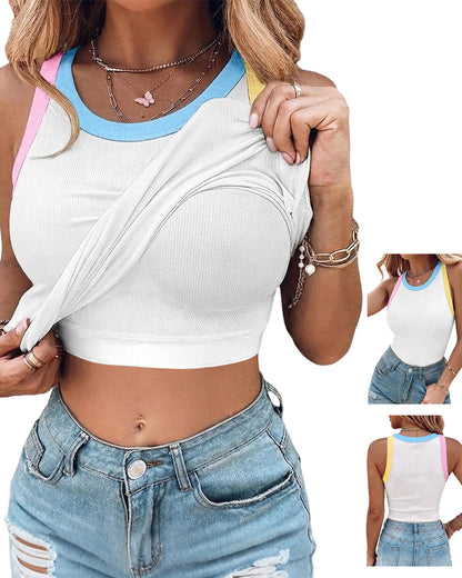 CHICMELIVE Womens Sleeveless Ribbed Built in Bra Tank Top-Lighted Blue-X-Large