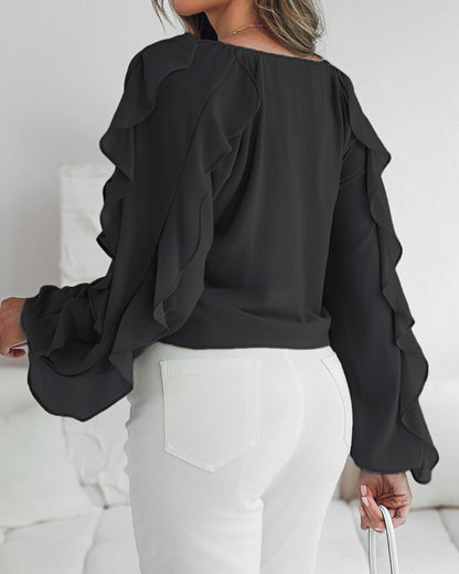 V Neck Shoulder Ruffles Design Blouse Casual Button Front Long Sleeve Top