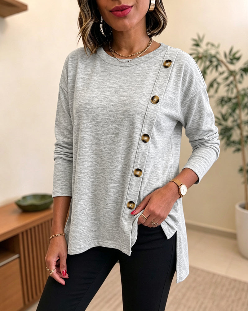 CHICMELIVE Womens Long Sleeve Tops with Buttons Dressy Casual Crewneck Shirts