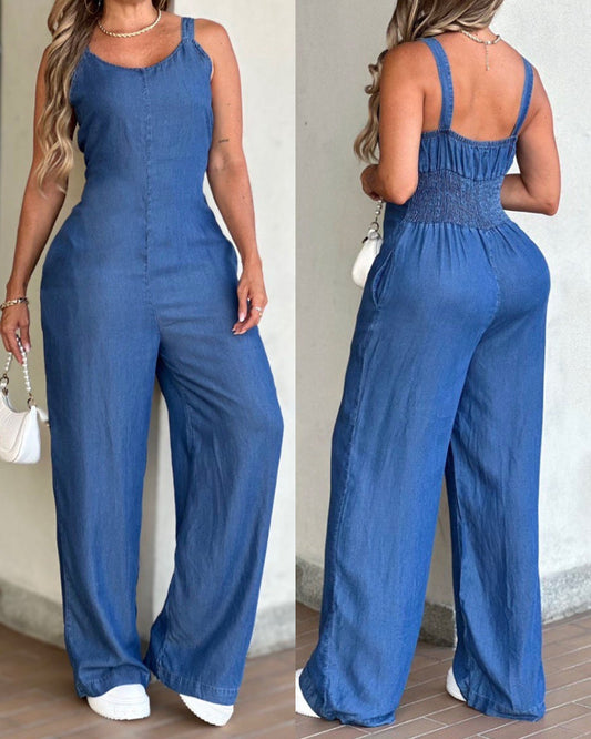 V-Neck Adjustable Thick Straps Denim Overalls Casual Shirred Back Wide Leg Suspender Jumpsuit