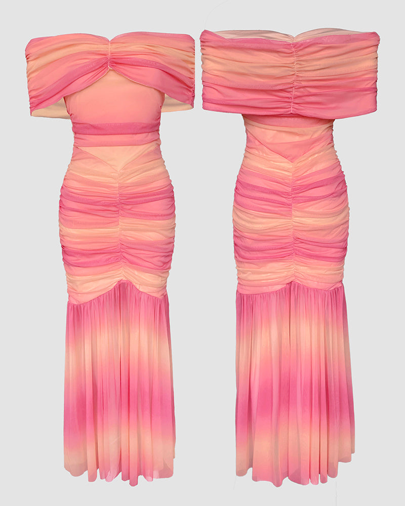 Ombre Foldover Off Shoulder Ruched Cinched Waist Maxi Dress Slim Fit Party Dress