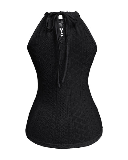 Halter Lace Up Water Soluble Lace Trim Sleeveless Tank Jacquard Casual Slim Fit Knit Top