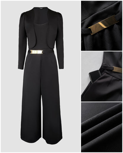 2 Pieces Outfit Metal Decor Square Neck Thick Strap Zipper Back Cinched Waist Wide Leg Jumpsuit and Casual Crop Cardigan Set