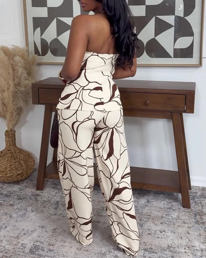 Women's Abstract Print Two Piece Outfits Tube Top and High Waist Wide Leg Pants Set with Detachable Clear Straps