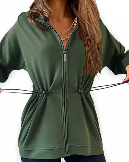 Long Sleeve Waist Drawstring Hooded Coat Casual Loose Fit Cardigan Jacket with Pockets