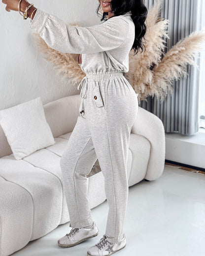 Turn-down Collar Overlap V-Neck Drawstring Stretchy Waist Jumpsuit Casual Flap Pockets Design Jumpsuit
