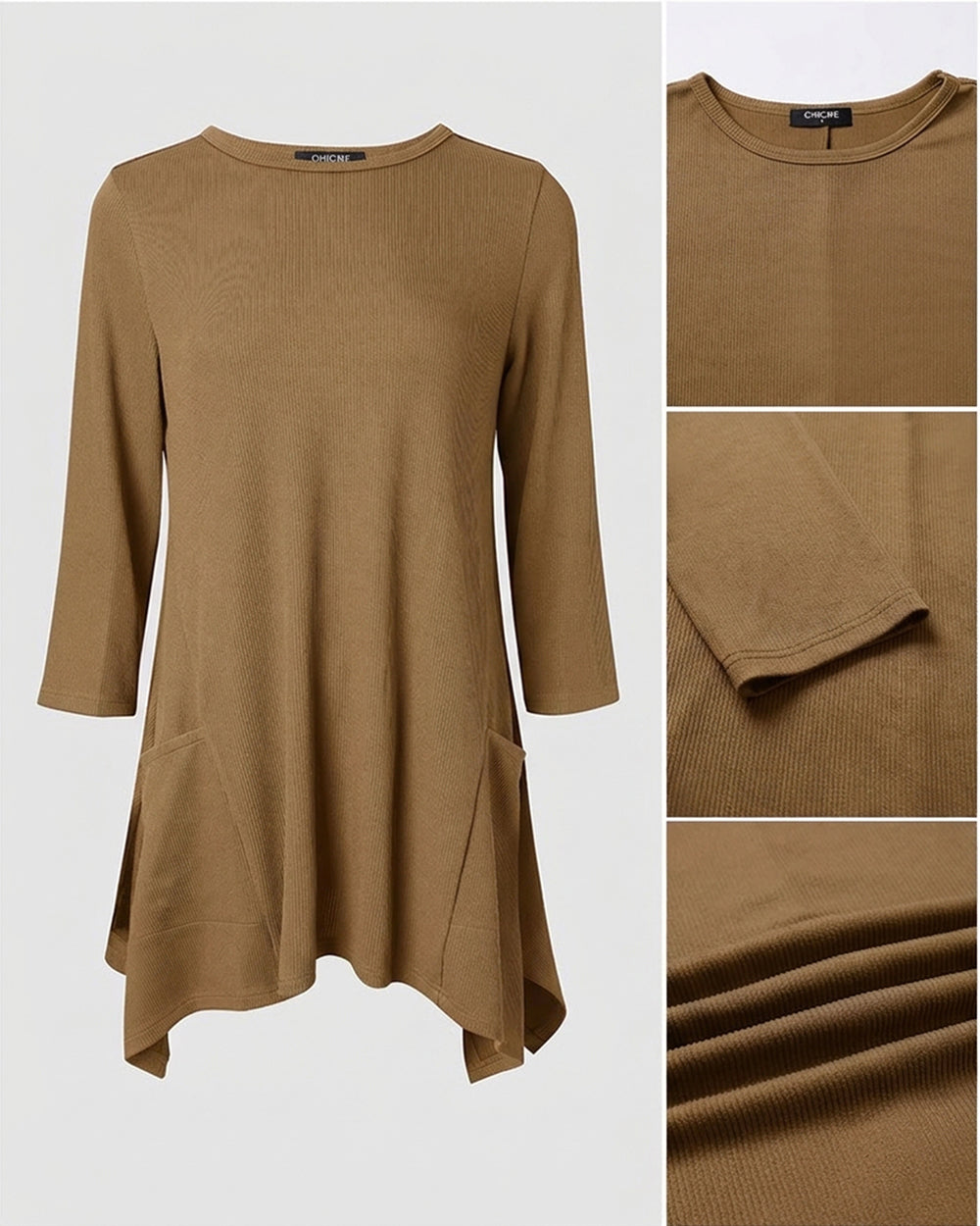 CHICMELIVE Womens 3/4 Sleeve Ribbed Tunic Asymmetrical Hem Loose Top