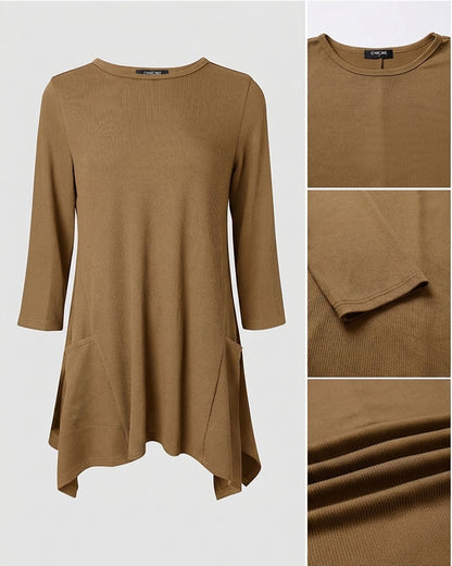 CHICMELIVE Womens 3/4 Sleeve Ribbed Tunic Asymmetrical Hem Loose Top