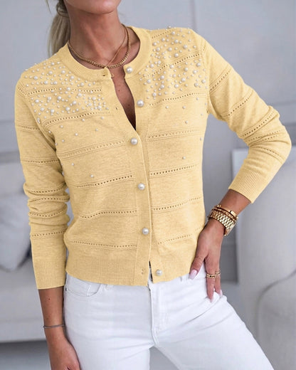 CHICMELIVE Womens Pearl Beaded Knit Cardigan Long Sleeve Cropped Sweater
