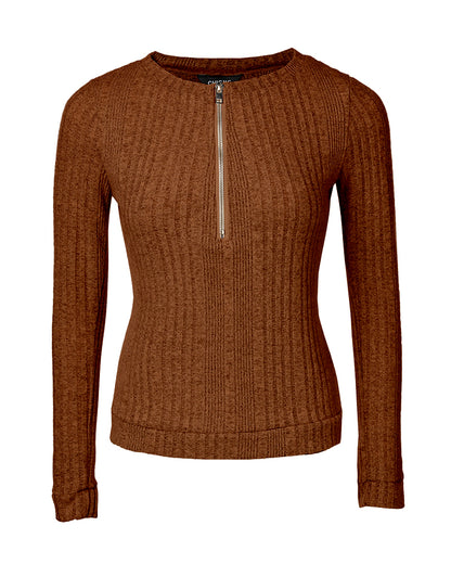 Crewneck Long Sleeve Ribbed Top Half Zipper Design Casual Pullover Tops